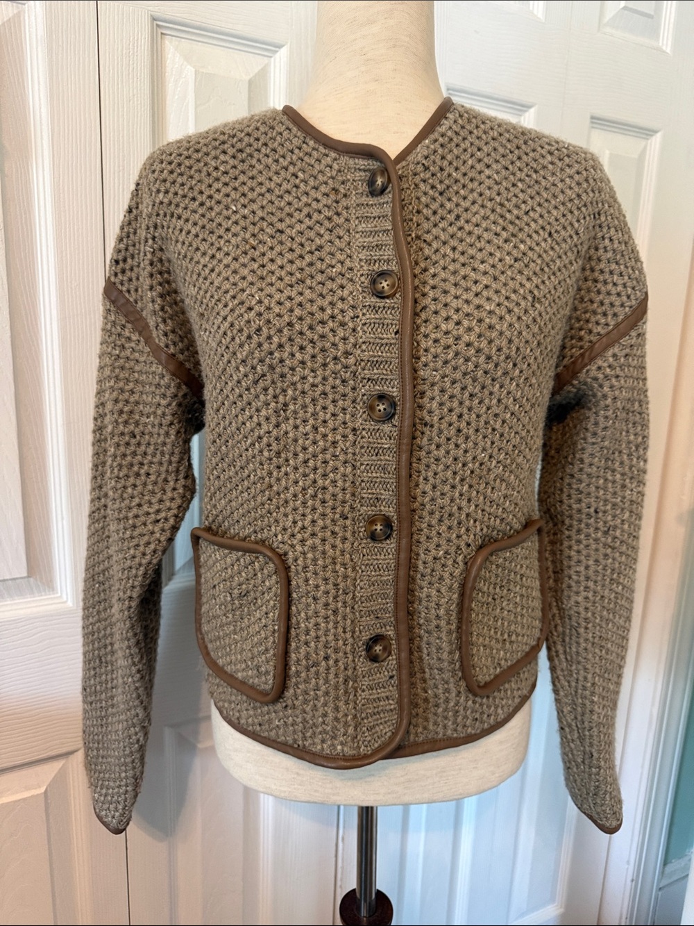 Christian Lacroix Taupe Knit Cardigan with Brown Trim Sz XS
